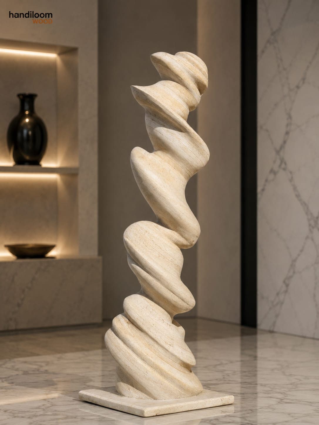 Handcrafted Teakwood Sandstone Abstract Spiral Floor Sculpture