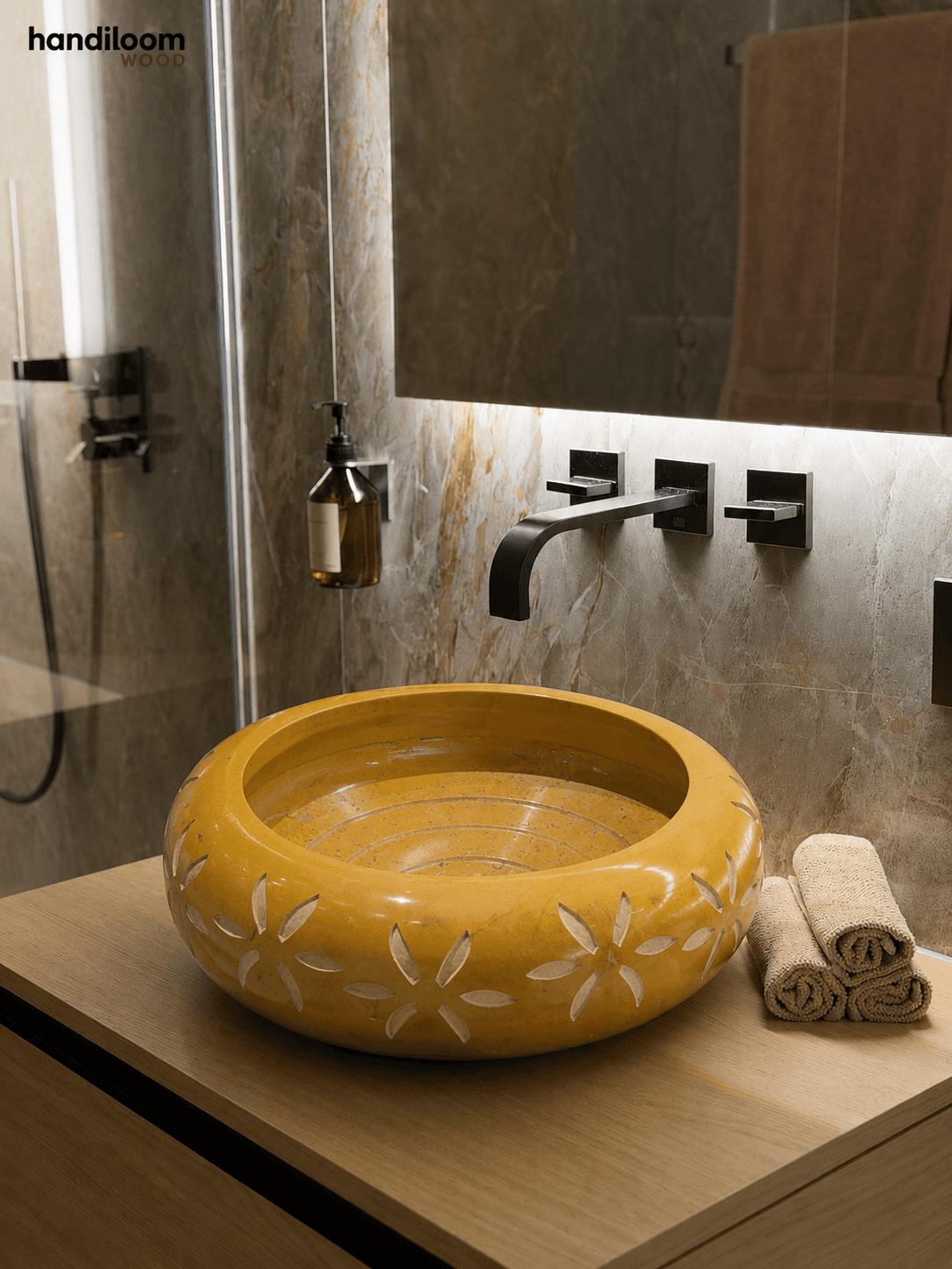 Floral Carved Jaisalmer Marble Vessel Wash Basin