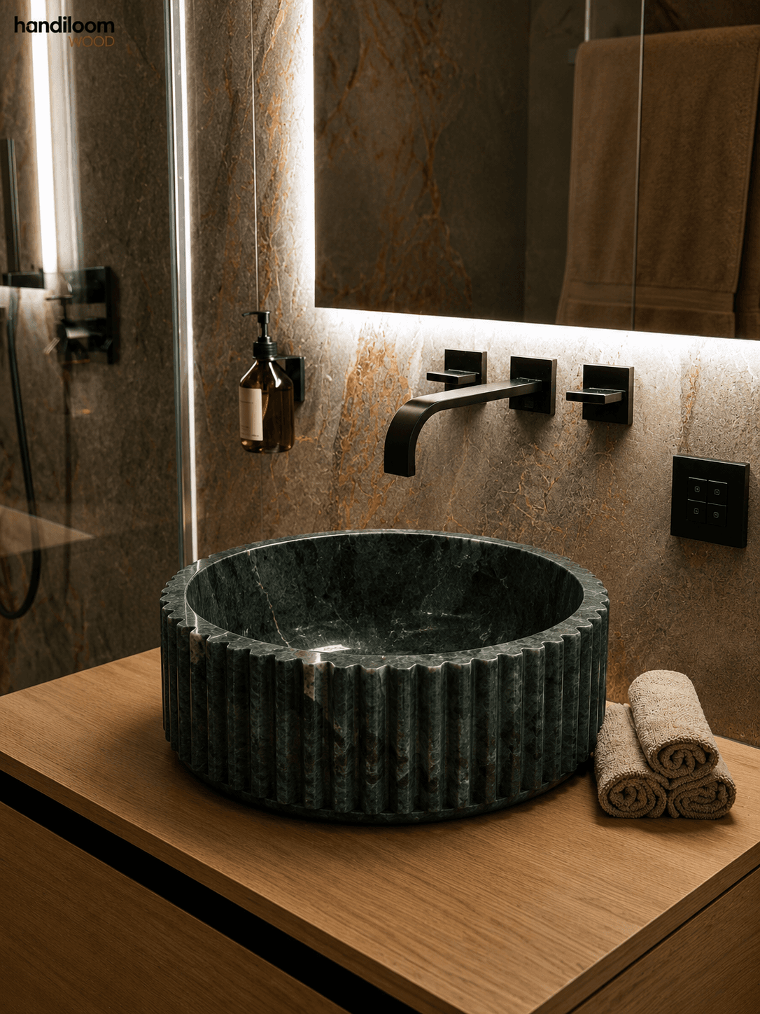 Fluted Udaipur Green Marble Vessel Wash Basin