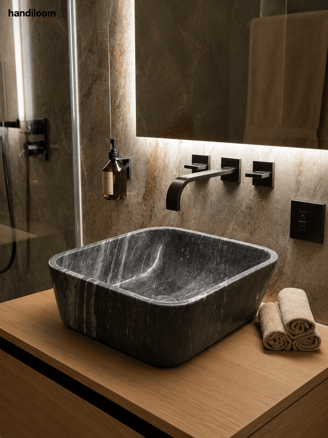 Grey Italian Marble Square Vessel Wash Basin