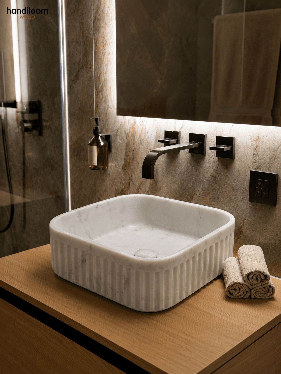 Fluted Makrana White Marble Square Vessel Wash Basin